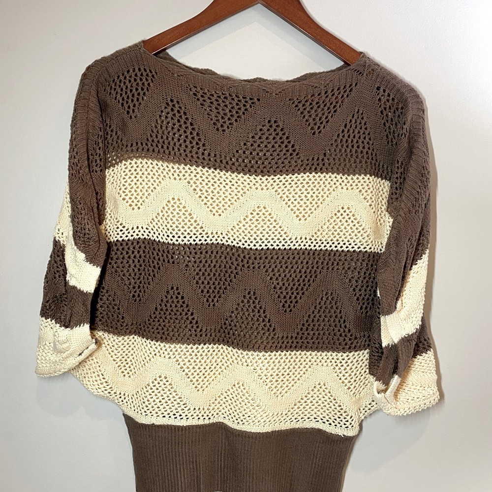 Brown and Cream Open Knit Batwing Sweater